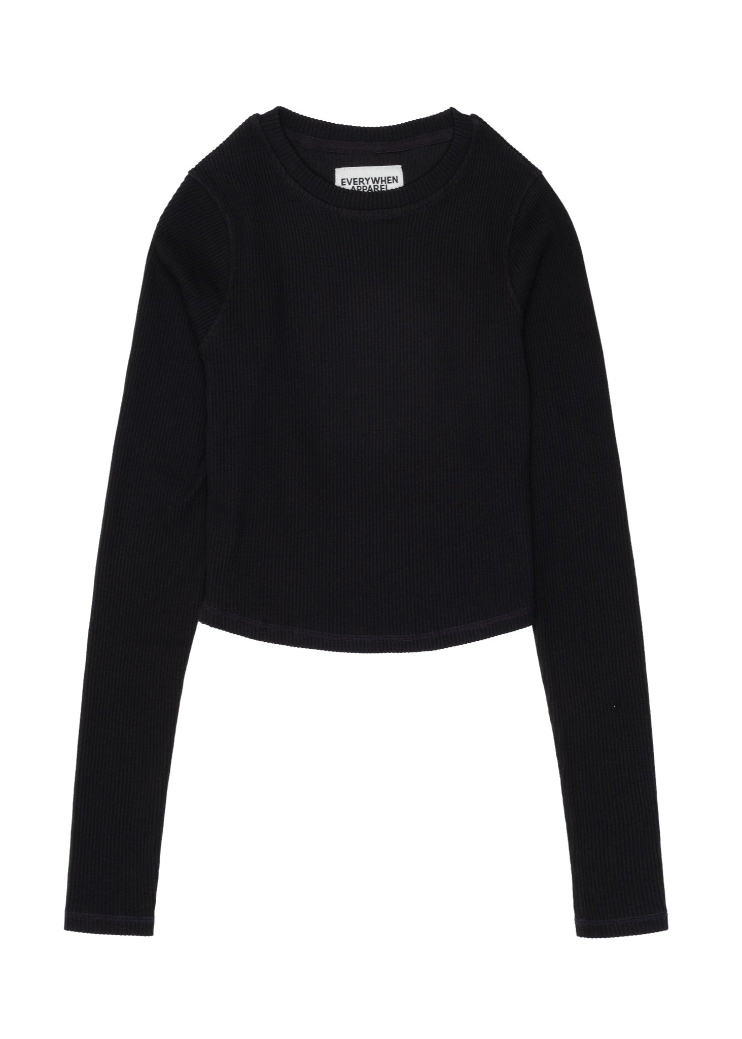 Black long-sleeve crop top with a brand label on a white background