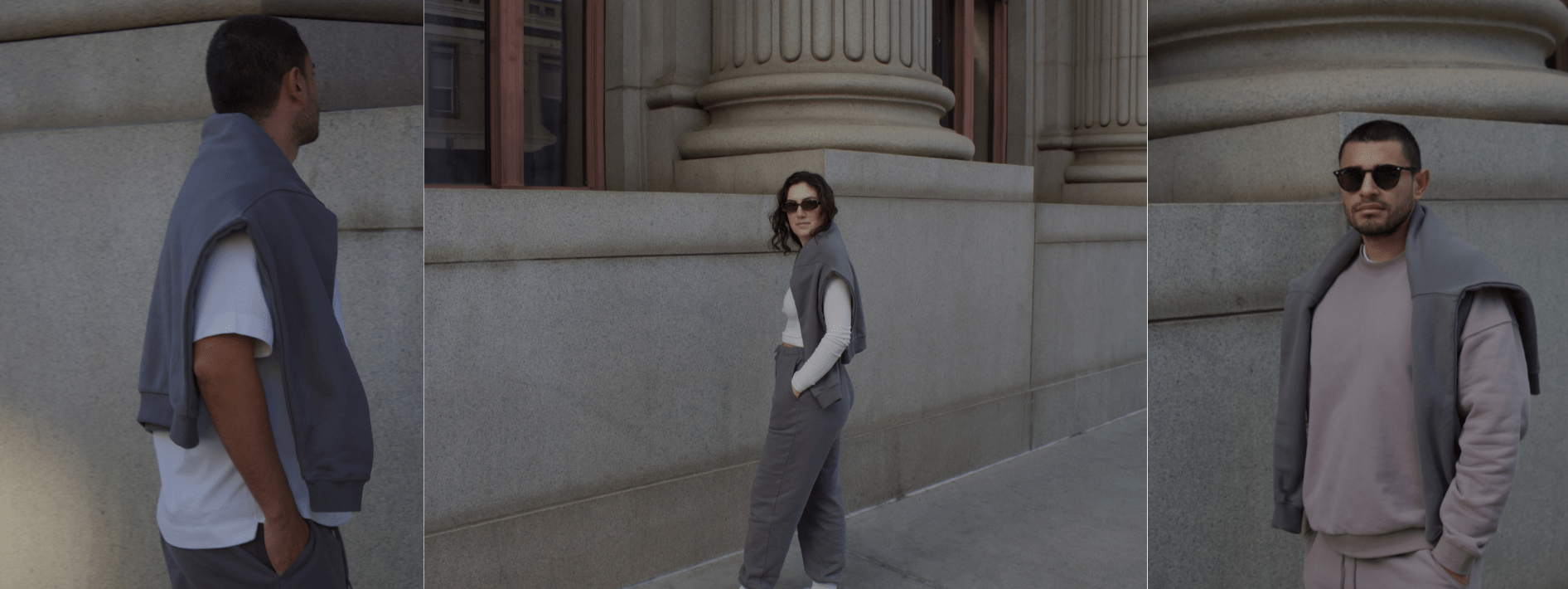 A banner images with three people, a man, woman and another man in loungewear.